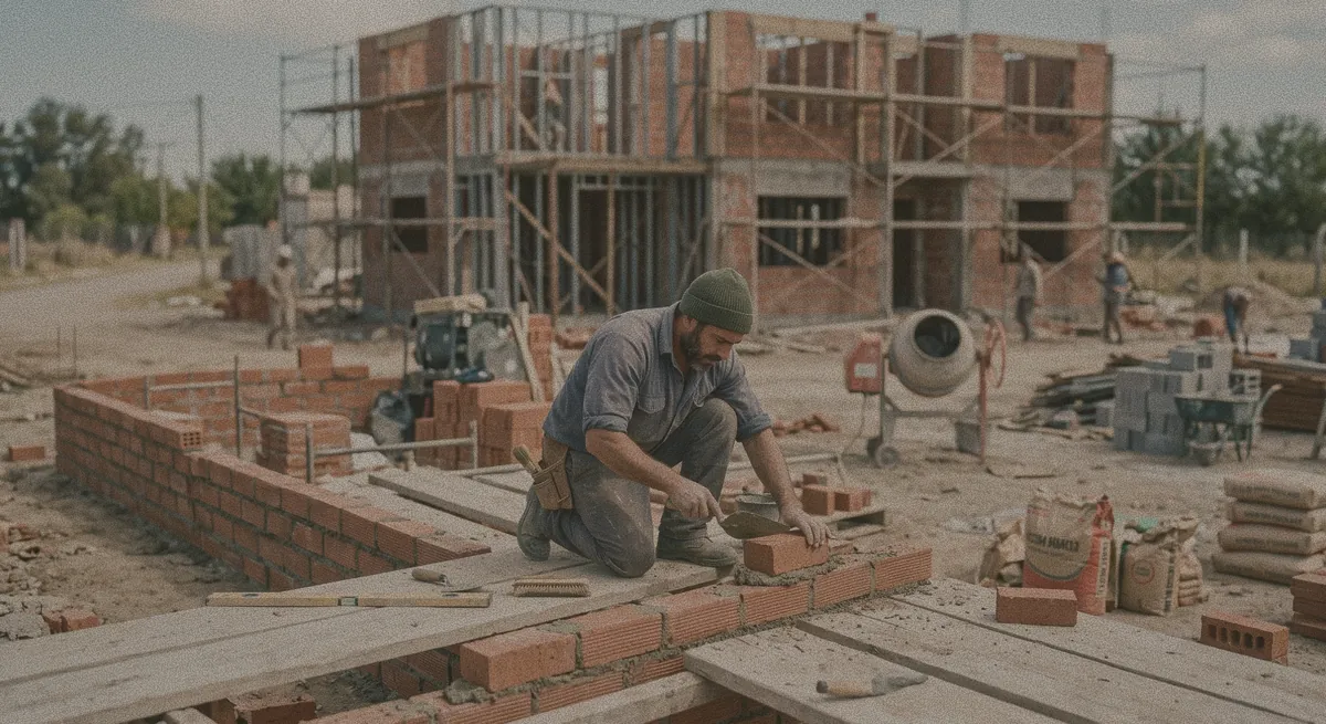 Un albañil levanta una pared de ladrillos frente a una casa en construcción.