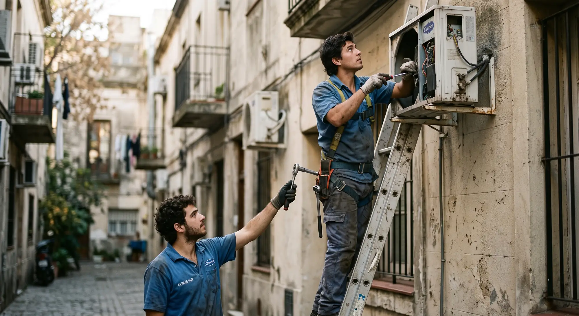 Dos electricistas reparan un equipo de aire acondicionado desde una escalera, en la calle de un barrio al atardecer.